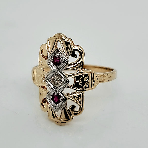 Art Deco 14kt Yellow Gold Diamond and Ruby Ring