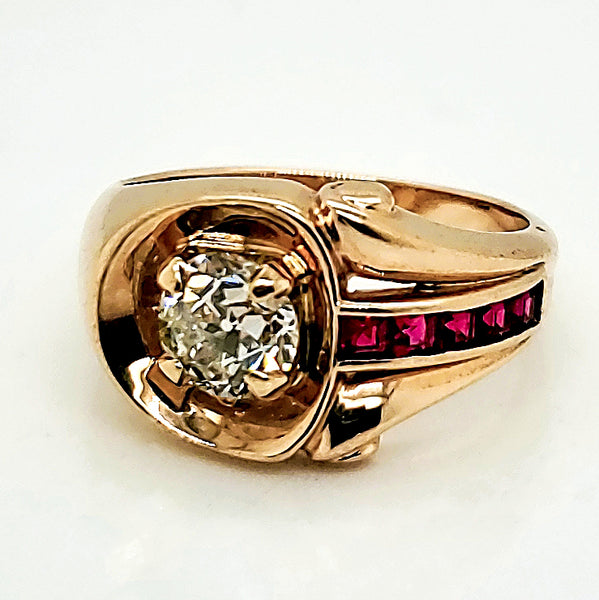 14kt Yellow Gold 1940s Retro Diamond and Ruby Ring