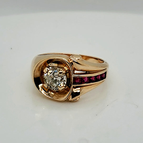 14kt Yellow Gold 1940s Retro Diamond and Ruby Ring