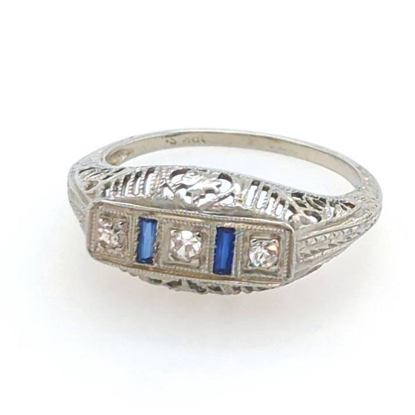 Art Deco 18kt White Gold Diamond and Sapphire Filigree Ring