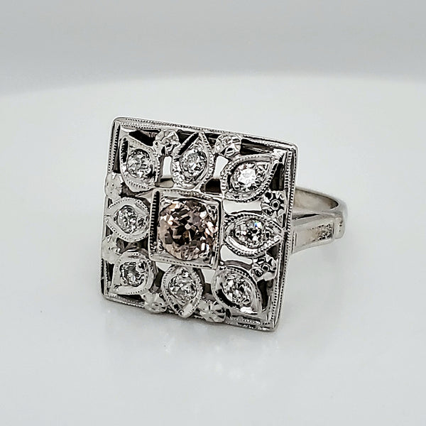 Late Art Deco 14kt White gold and Diamond Square Filigree Rinjg