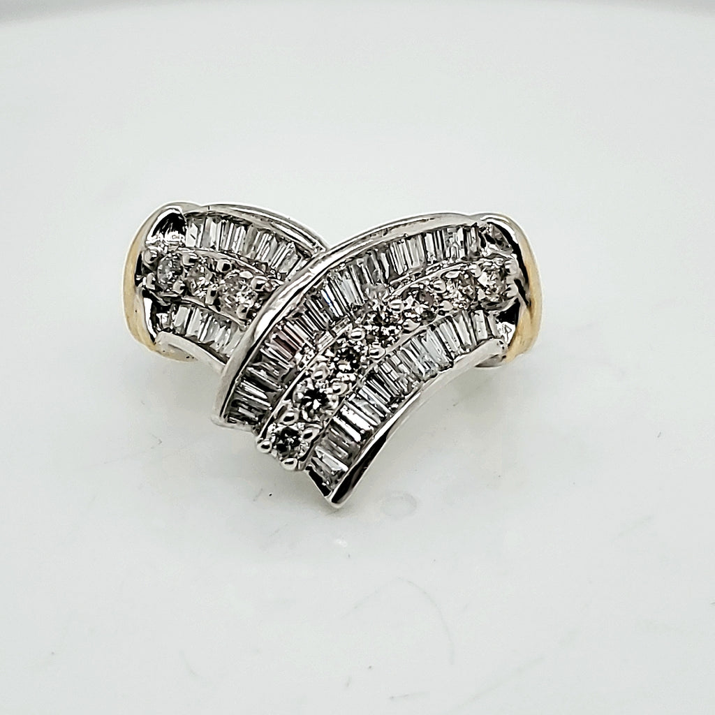 14kt White Gold Round and Baguette Diamond V Band