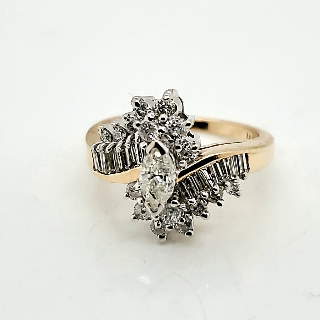 14kt Yellow Gold Marquise Round and Baguette Diamond Ring