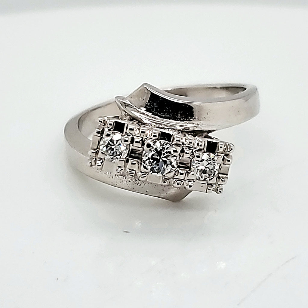 1950s Retro White Gold Three European Cut Diamond Ring