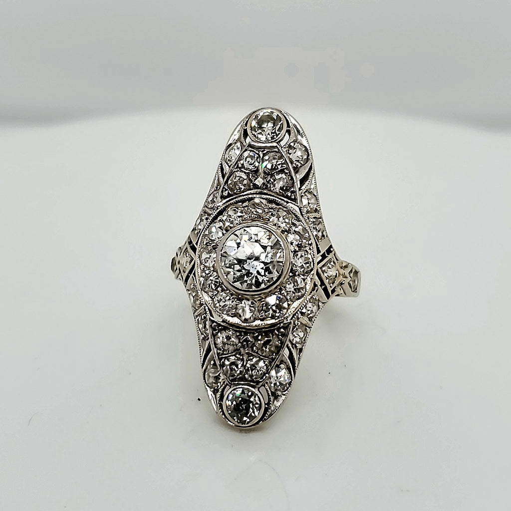 14kt White Gold Art Deco Filigree Diamond Dinner Ring
