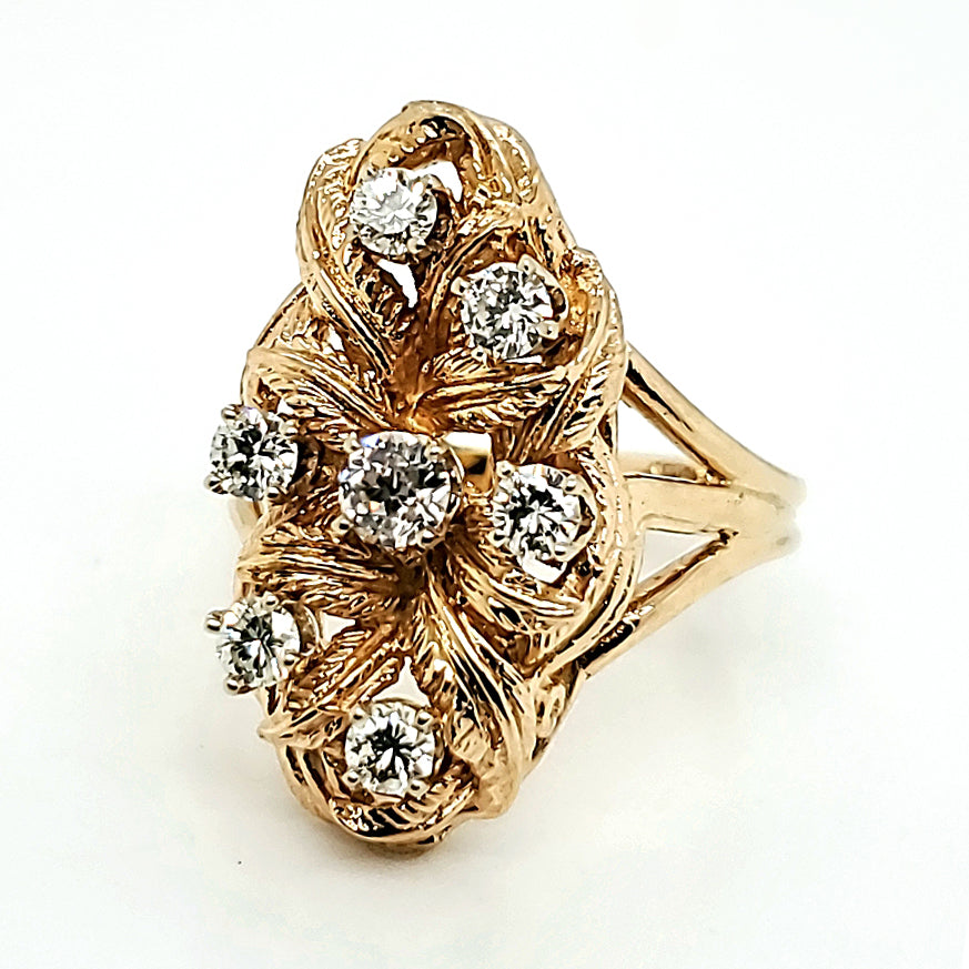 Vintage Elongated 14kt Yellow Gold and Diamond Ring