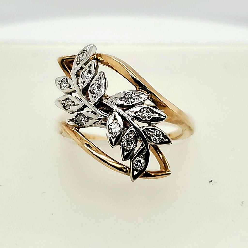 14kt White and Yellow Gold Leaf Motif Diamond Ring