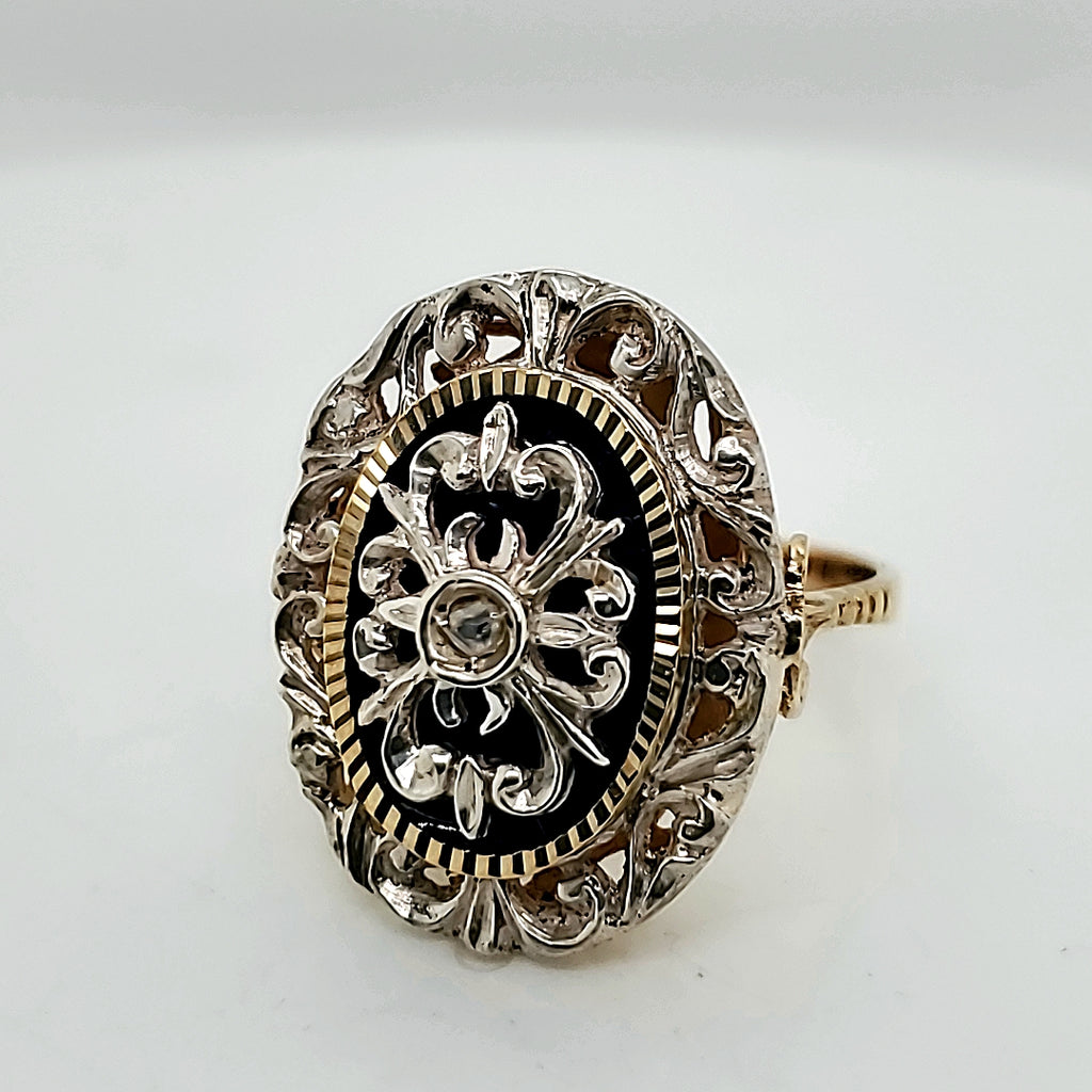 Vintage 18kt Yellow Gold and Sterling Silver Diamond Ring