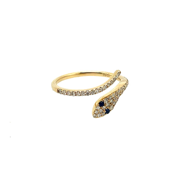 14kt Yellow Gold Diamond Snake Ring With Sapphire Eyes