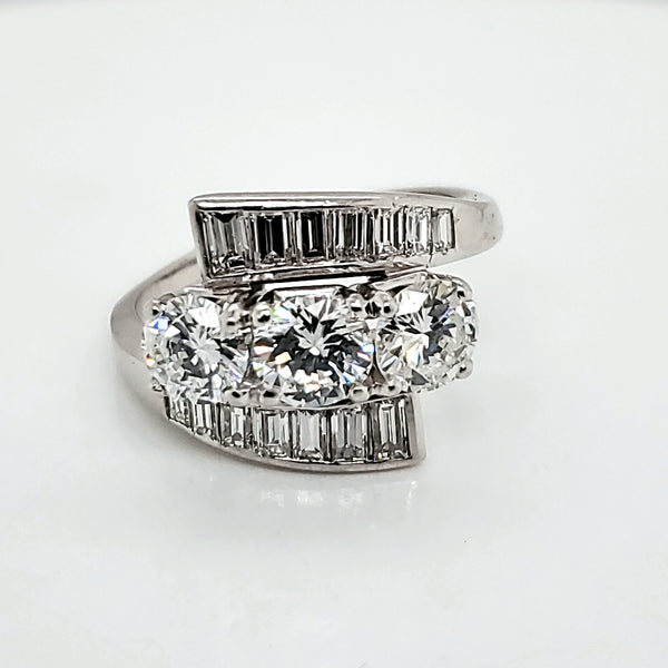 Vintage Platinum Round and Baguette Cut Diamond Bypass Ring