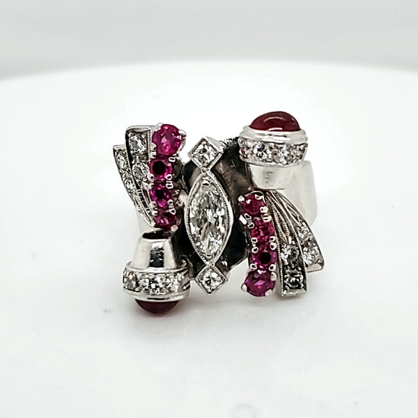 1940s Retro Period Platinum and 14kt White Gold Diamond and Ruby Ring