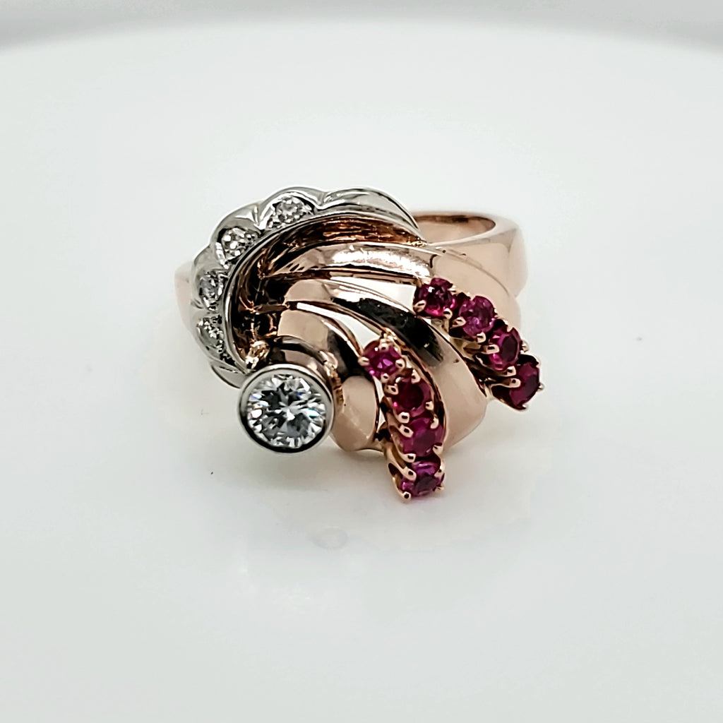 1940s Retro 14kt Rose Gold Diamond and Ruby Ring