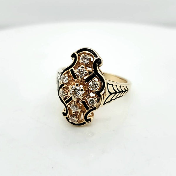 Vintage 14kt Yellow Gold Black Enamel and Diamond Ring