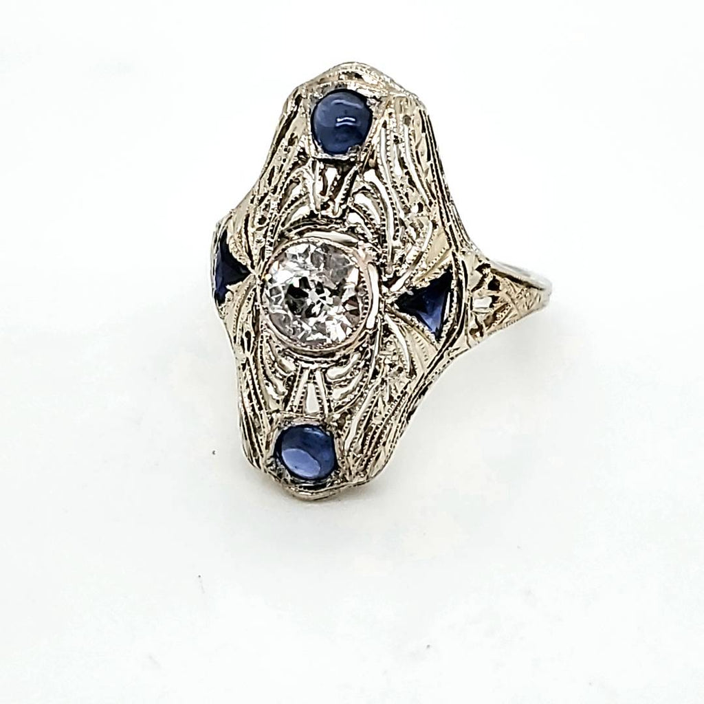 Art Deco 14kt White Gold Diamond and Sapphire Dinner Ring