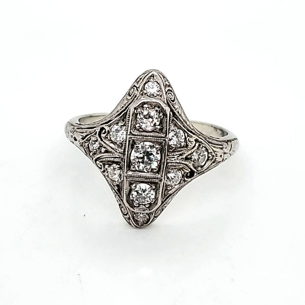 Art Deco 18kt White Gold Diamond Filigree Dinner Ring