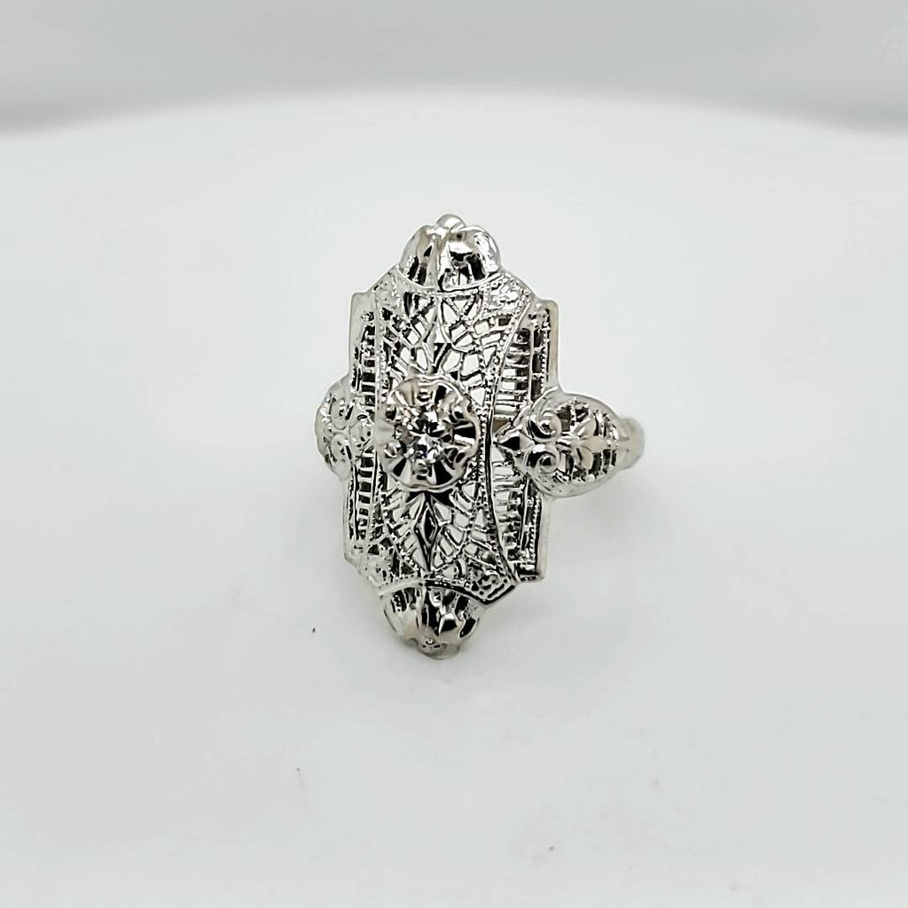 Vintage 14kt White Gold filigree Diamond Dinner Ring