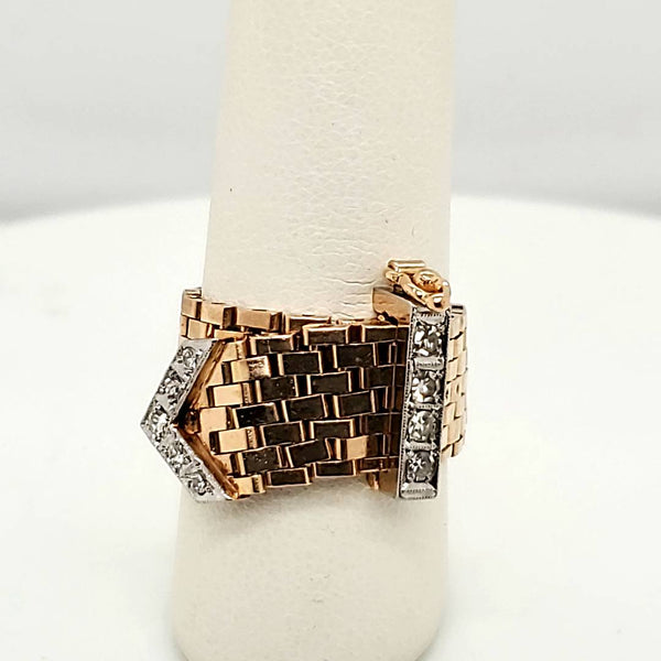 Vintage 18kt Yellow Gold and Diamond Mesh Buckle Ring