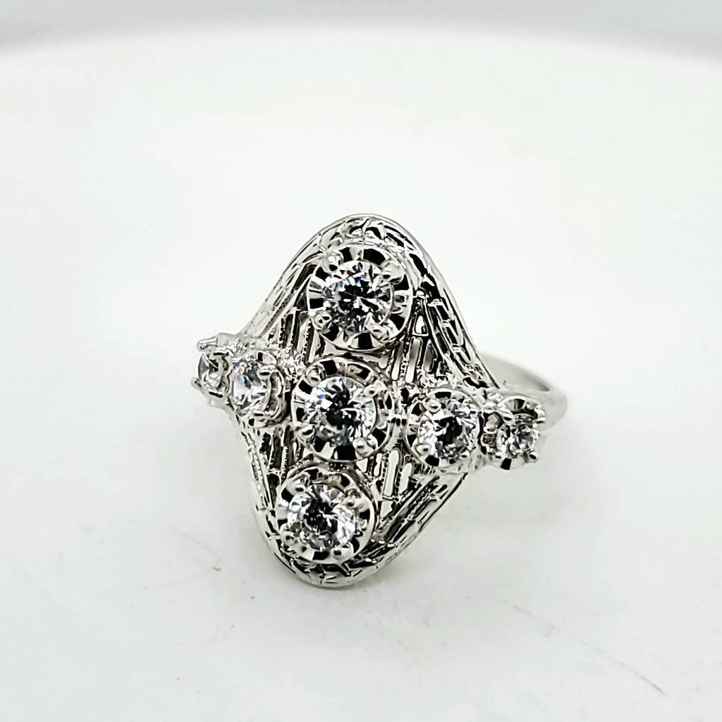 Vintage 14kt White Gold filigree Diamond Dinner Ring