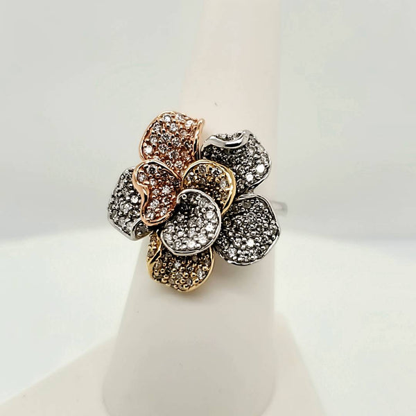 Pre-owned Effy 14Kt Yellow White and Rose Gold and Diamond Floral Ring
