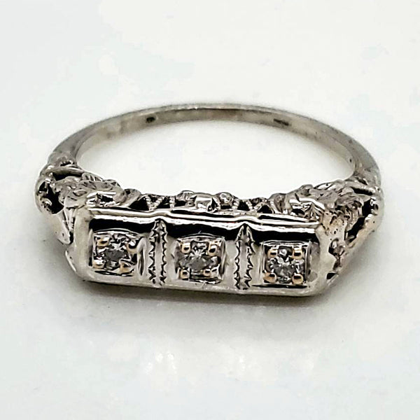 Art Deco 14kt White Gold Three Diamond Filigree Ring