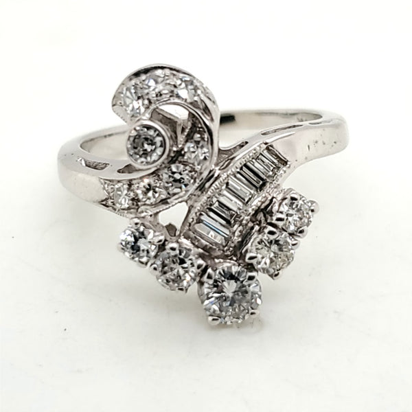 1950s Retro 14kt White Gold Round and Baguette Diamond Ring