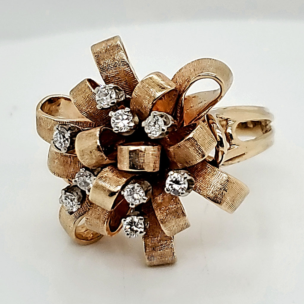 Vintage Mid-century 14kt Yellow Gold and Diamond Bow Ring