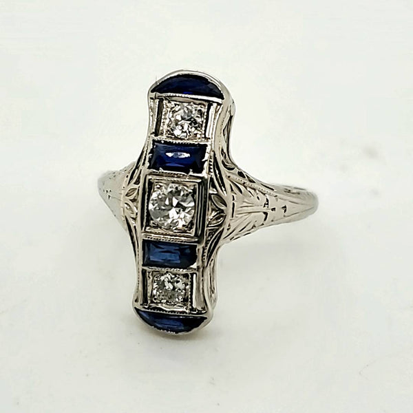 Art Deco 14kt White Gold Diamond and Sapphire Elongated Ring