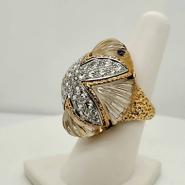 Vintage French 18kt Yellow Gold Carved Rock Crystal and Diamond Ring