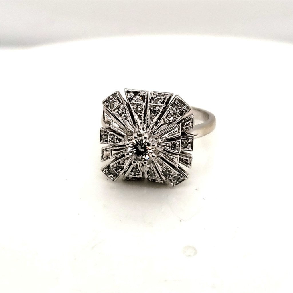 Vintage 1950s Retro White Gold and Diamond Cocktail Ring