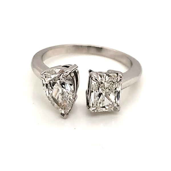 14kt White Gold Radiant and Pear Shaped Diamond Toi et Moi Ring