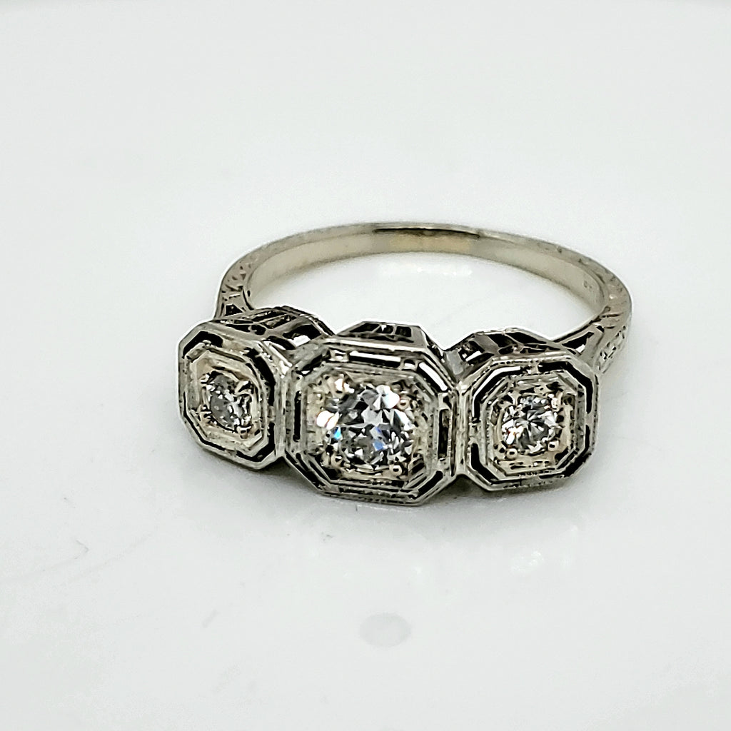 Art Deco 18kt White Gold Filigree Three Diamond Ring