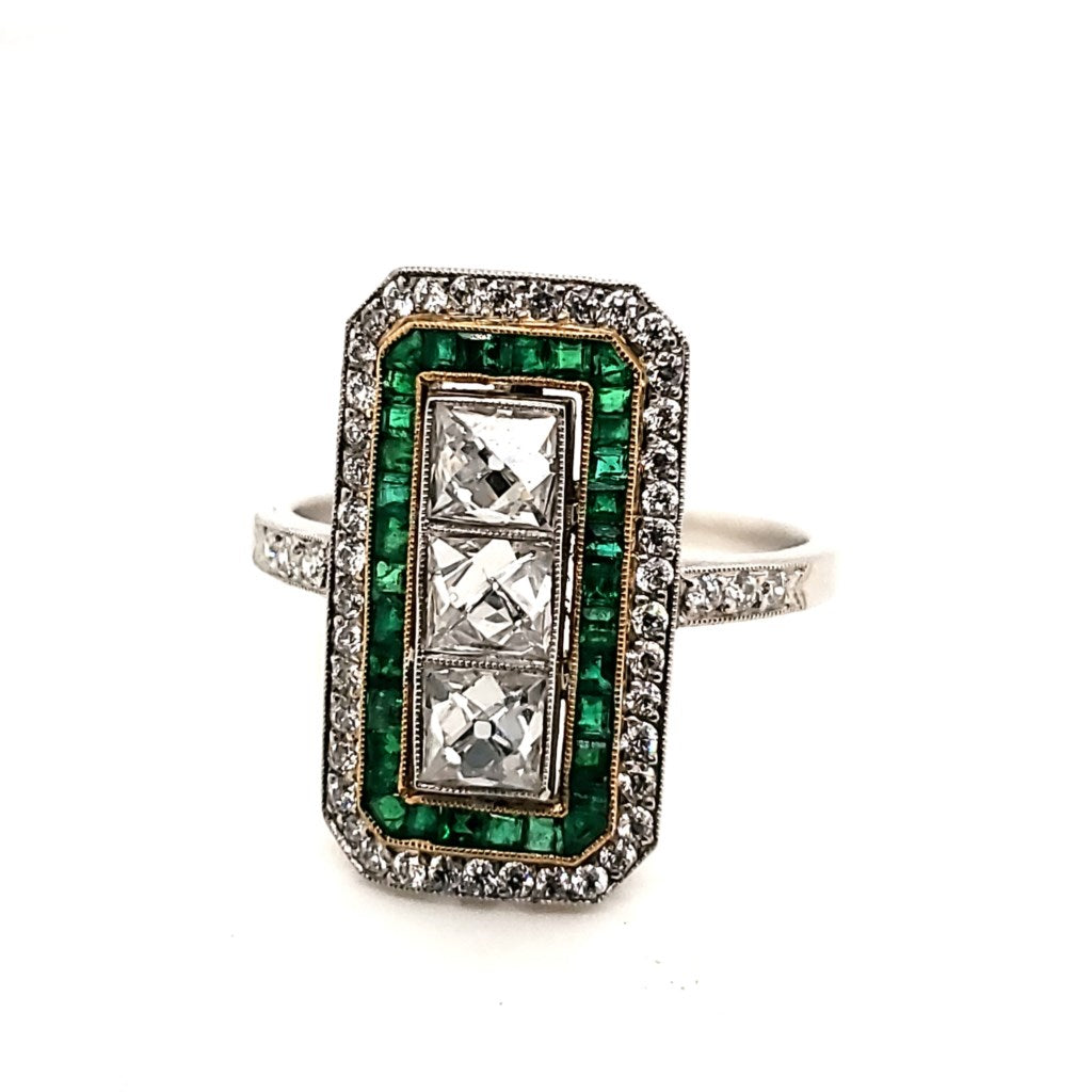 Art Deco Inspired Platinum French Cut Diamond and Emerald Ring