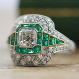 Art Deco Inspired Platinum Asscher Cut Diamond and Emerald Ring