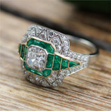 Art Deco Inspired Platinum Asscher Cut Diamond and Emerald Ring