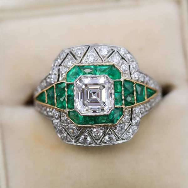 Art Deco Inspired Platinum Asscher Cut Diamond and Emerald Ring