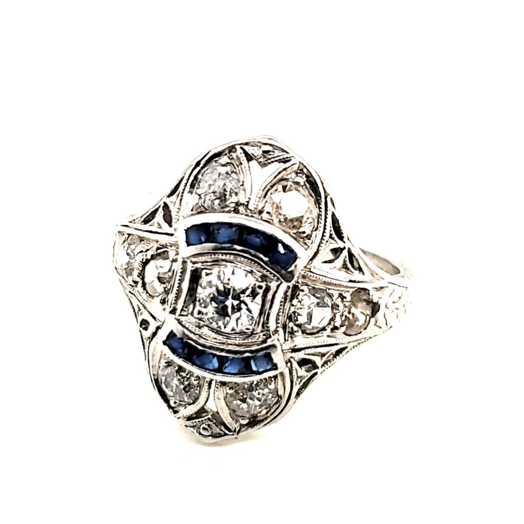 Art Deco Platinum Diamond and Sapphire Ring