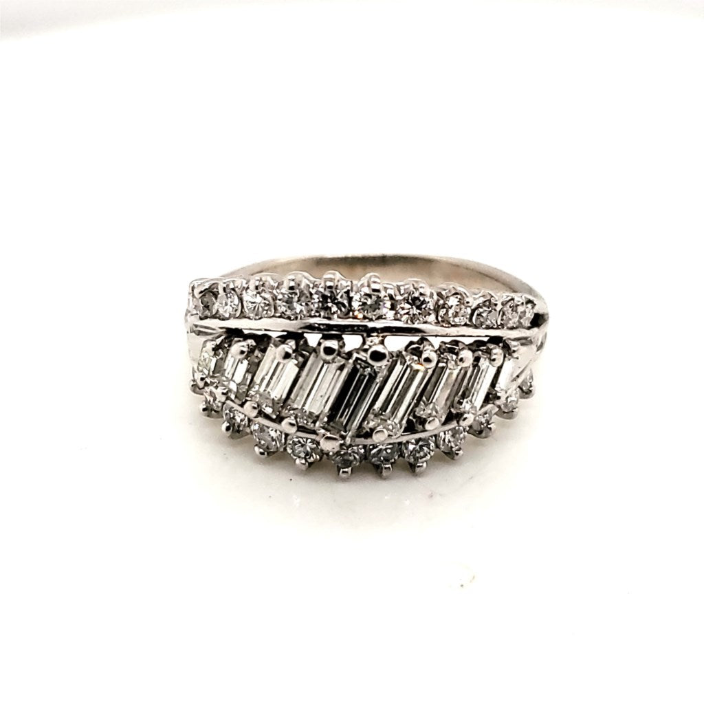 Vintage 14kt White Gold Round and Bageutte Diamond Ring