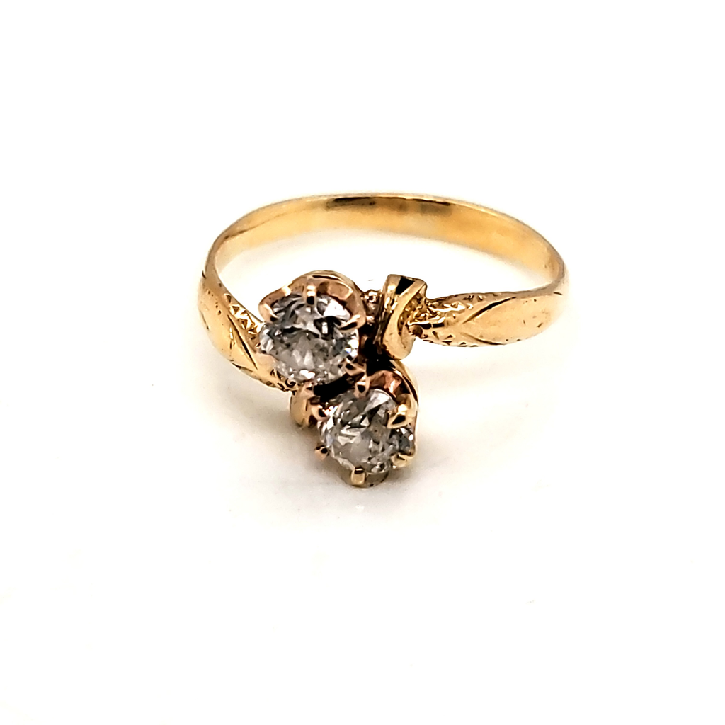 Antique Victorian 14kt Yellow Gold Toi et Moi Bypass Mine Cut Diamond Ring