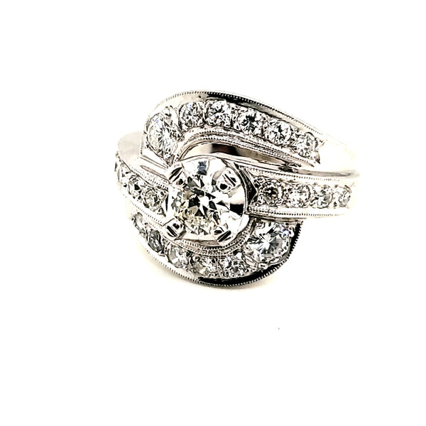 Vintage 14kt White Gold and Diamond By-pass Design Ring