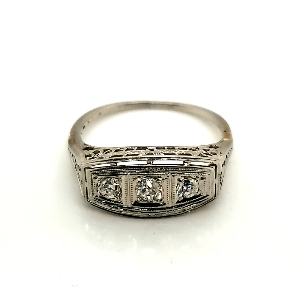 14Kt White Gold Art Deco Three Round Diamond Filigree Ring