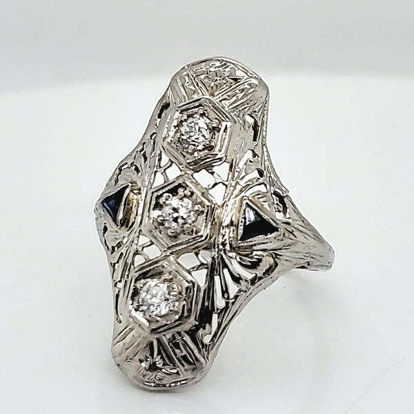 Art Deco 14kt White Gold Diamond and Sapphire Dinner Ring