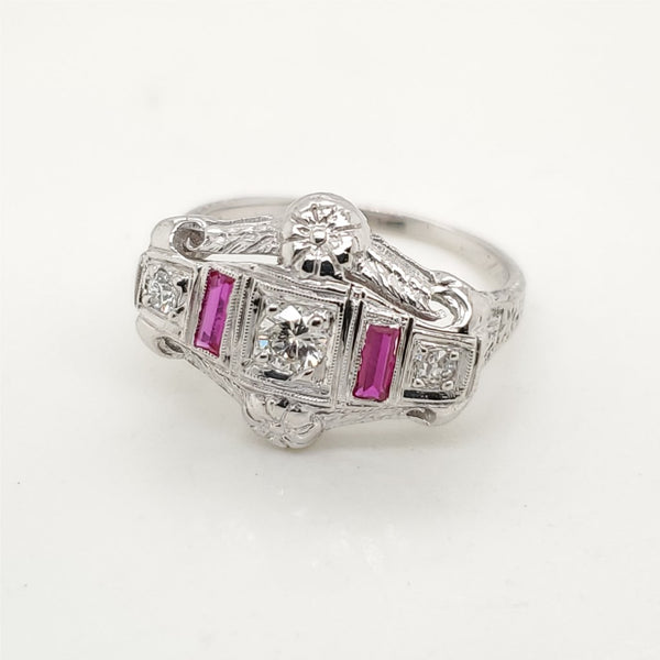 Art Deco 18kt White Gold Diamond and Ruby Ring