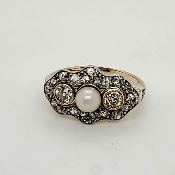 Vintage Platinum on 18kt Yellow Gold Pearl and Diamond Ring