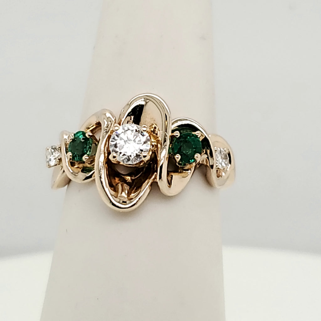 14kt Yellow Gold Diamond and Emerald Squiggle Design Ring