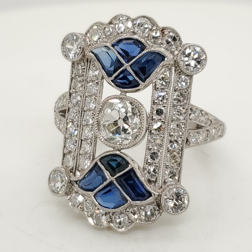 Modern Art Deco Style Platinum, Sapphire and Diamond Ring