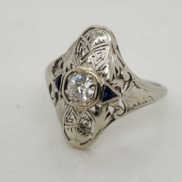 Art Deco 18kt White Gold Diamond and Sapphire Dinner Ring