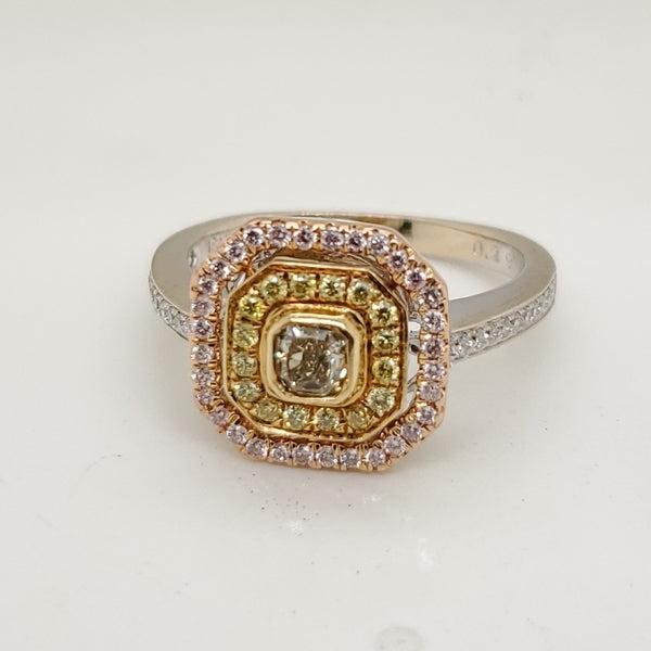 18kt Yellow Gold Pink, Yellow and White Diamond Ring