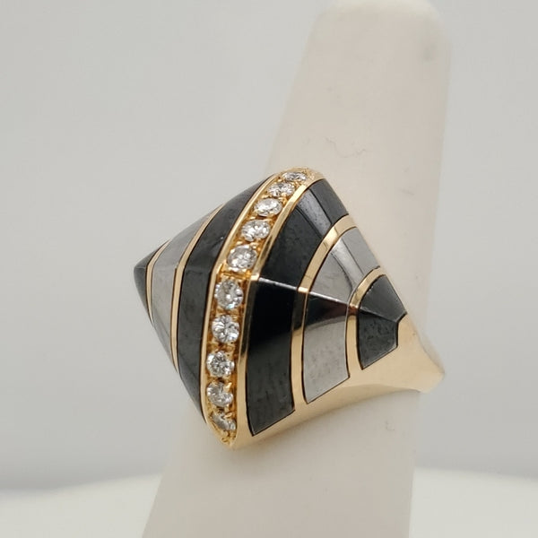 18kt Yellow Gold Onyx Platinum and Diamond Pyramid Ring