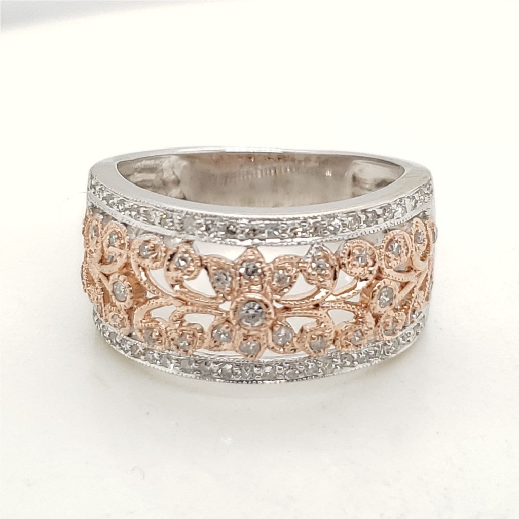 14kt white and Rose Gold Diamond Filigree Band
