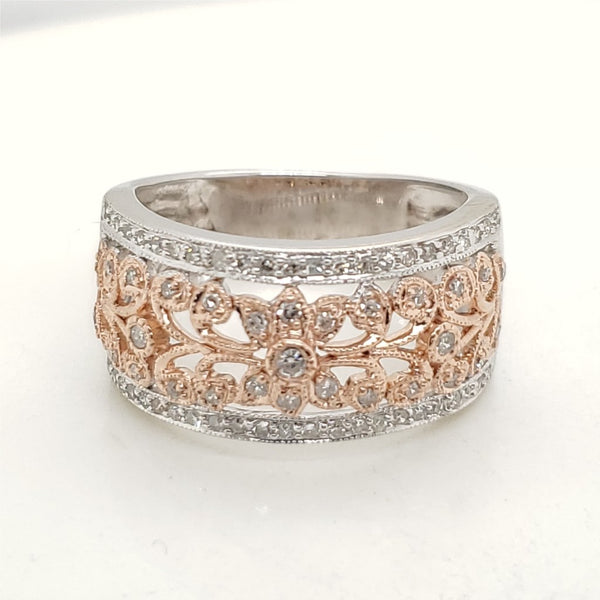 14kt white and Rose Gold Diamond Filigree Band